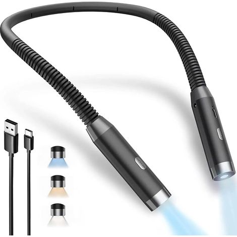 Lampe de lecture LED tour de cou , 3 couleurs et 9 luminosités réglables , lampe de lecture pliable rechargeable par USB pour lire au lit , tricoter , crochet , camping , travail (1/5)