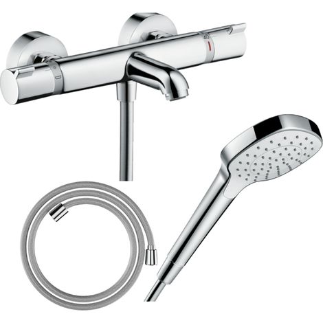 Pack mitigeur bain thermostatique HANSGROHE Ecostat Comfort + Flexible Designflex 1,6m + Pommeau Croma Select E EcoSmart chromé