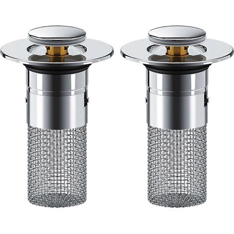 Lot de 2 bouchons de vidange en acier inoxydable pour évier de 34 à 40 mm, crépine escamotable avec récupérateur de cheveux, bouchons universels avec joint torique de rechange. (1/5)