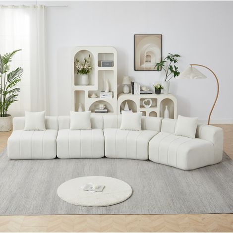 Divano modulare curvo in ciniglia beige, 4 posti, con 2 cuscini, senza montaggio (1/5)