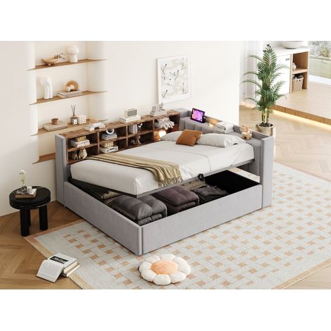 Lit multifonctionnel convertible 140x200 cm, sommier à vérin avec rangement intégré, tête de lit rembourrée, éclairage LED, ports USB et Type-C, étagères et casiers, tissu velours gris clair, canapé-l (1/5)