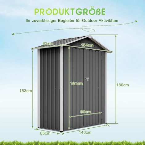 Abri de jardin métallique gris, 154 x 83 x 180 cm, avec trous de ventilation, fondation métallique, porte verrouillable et résistant aux intempéries. Idéal pour ranger les outils de jardin. (1/5)