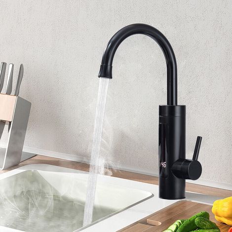 Robinet de Cuisine Électrique Noir en Inox, Mitigeur Chauffant Instantané 3000W avec LED, Bec Pivotant 360°, Installation Facile (1/5)