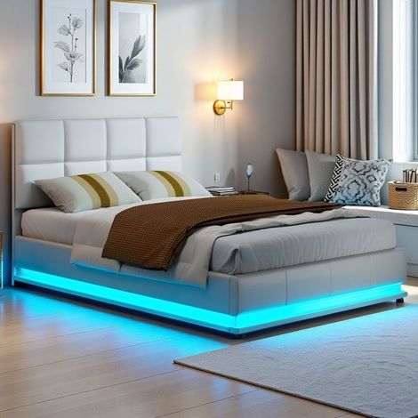 Cama Doble 140x190 - Somier Hidráulico - Almacenamiento Integrado - LED 16 Colores - Cuero PU Blanco
