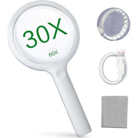 Reading Magnifier - Magnifier with light, suitable for the elderly and children, 3 lighting modes, USB rechargeable luminous magnifying glass, electronic magnifying glass, white light magnifying glass (1/4)