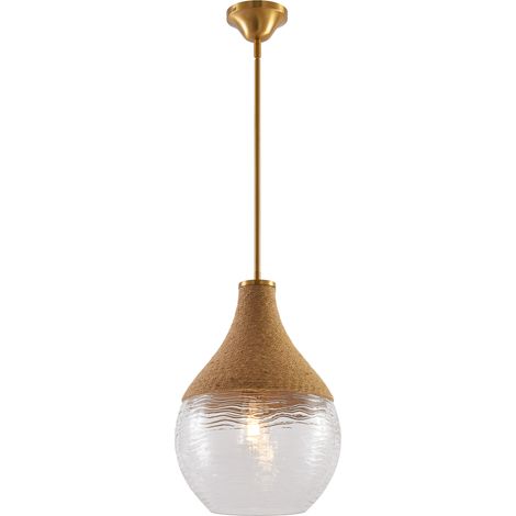 Parrot Uncle 33cm Rattan Pendant Light, Gold Ripple Glass Ceiling Lamp with E27 Bulb Holder, Natural Boho Hanging Light for Dining Room Living Room Bedroom