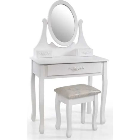 Elegante Konsolentisch mit Spiegel und gepolstertem Hocker, 75 x 40 x 132 cm, weiß lackiert, mit 1 Schublade und 2 kleinen Fächern