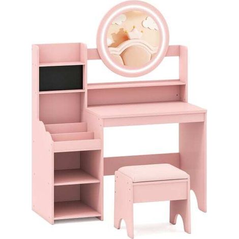 Children's Dressing Table with Mirror & Lights, Princess Makeup Table with Open Shelves and Ring Holders, Pink (1/5)