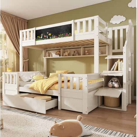 Litera infantil 90/200 y 140/200 cm blanca de madera y metal con pizarra y escalera con almacenaje (1/5)