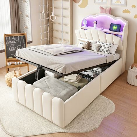 Lit coffre 90x200 cm lit enfant avec LED, USB/USB-C, rangement hydraulique et tête de lit coffre, velours beige (1/5)