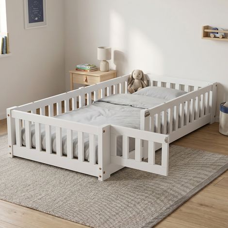 Lit simple 120x200 cm, lit au sol montessori avec barrières et porte amovible, lit enfant, sommier inclus, bois, Blanc (1/5)