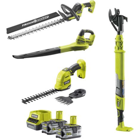Confezione RYOBI 18V Tagliasiepi - Cesoie / Intagliatore di piante - Taglia rami - Soffiatore - 2 Batterie 5.0Ah - 1 Car (1/5)