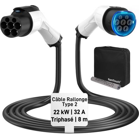 Câble de Rallonge Type 2 (32 A, 22 KW, 8 m, Triphasé) - Câble d'Extension Compatible avec Les Chargeurs, Wallboxes et Bornes de Recharge pour Véhicules Électriques (VE) et Hybrides (PHEV) (1/5)
