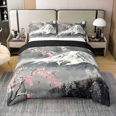 Parure de lit 100 % coton 200 x 200 cm Motif floral Pour enfants hommes et femmes Paysage à l'encre Japonais Rose Noir Housse de couette douce et confortable (1/5)