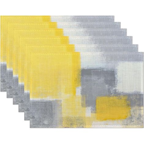Juego de 6 manteles individuales grises y amarillos, con estampado abstracto, impermeables, antideslizantes y lavables, ideales para la decoración de la cocina. Medidas: 30 x 45 cm. (1/5)