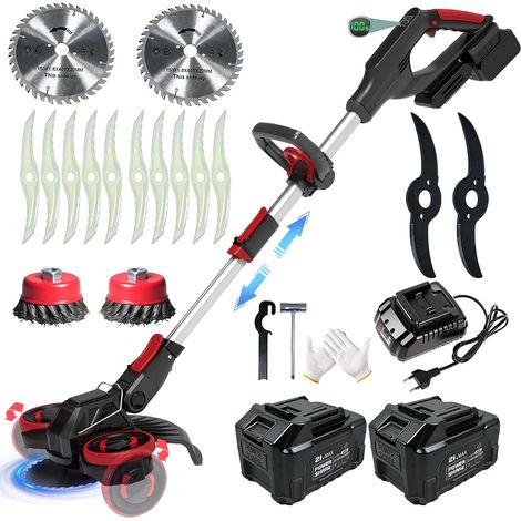 Debroussailleuse Electrique sans Fil, Coupe Bordure sans Fil avec 2 x 4.0Ah Batterie et 4 Types De Lames, 21V Débroussailleuse à Batterie Brushless avec Brosse Désherbage,Roues, Noir (1/5)