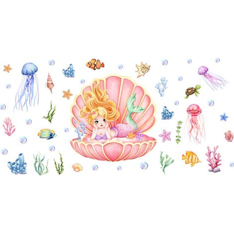 Stickers Muraux Sous la Mer Sirène Autocollant Mural Océan Poisson Tortue Décoration Murale Chambre Enfants Bébé Fille Salle de Bain (1/4)