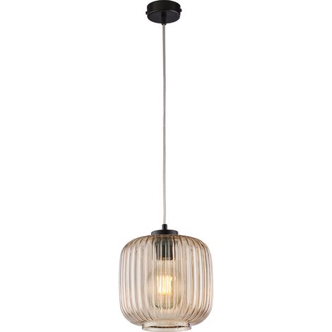 Sospensione in ferro laccato nero con cavo elettrico regolabile e diffusore in vetro soffiato ambra con decoro rigatura in rilievo 1 luce (1/3)
