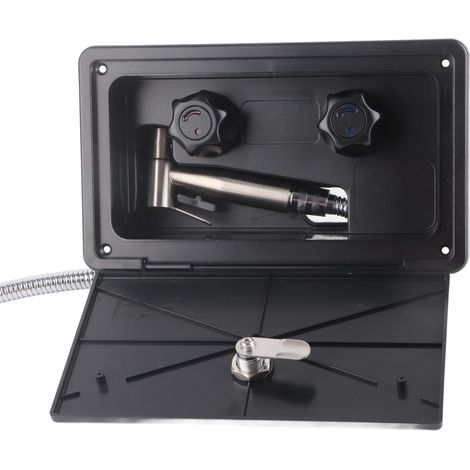 Kit de douche extérieure avec tuyau métallique de 1,5 m, pour camping-cars, caravanes, remorques, bateaux et yachts. Noir avec tubes métalliques. (1/5)