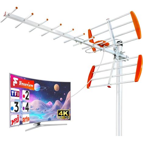 Antenne TV Extérieure Yagi – Antenne Râteau TNT HD 4K Longue Portée, Réception TV Stable et Puissante, Antenne TV Numérique Anti-Intempéries avec Câble Coaxial 10 m (K-FR-09E-Orange-260521)