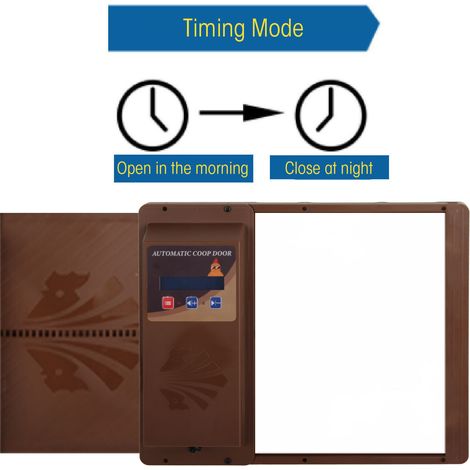 Ouvre-porte automatique solaire USB pour poulailler avec minuterie programmable, affichage LED, 3 modes d'alimentation, ouverture horizontale, marron (1/5)