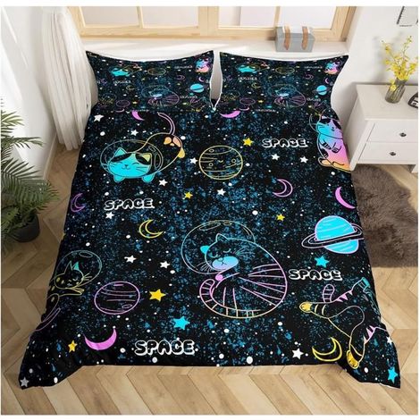 Galaxy Chat Imprimer Housse de Couette 140x200cm Enfants Cosmos Espace Planète Parure de Lit coloré Fille Garçon étoile & Chat - (1/4)