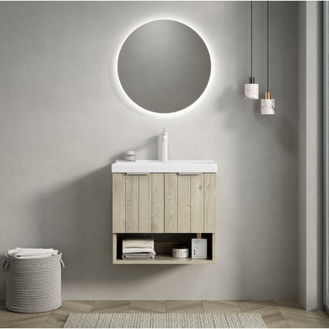 Meuble lavabo mural 55 cm avec vasque céramique blanche, 2 portes et niche ouverte (1/5)