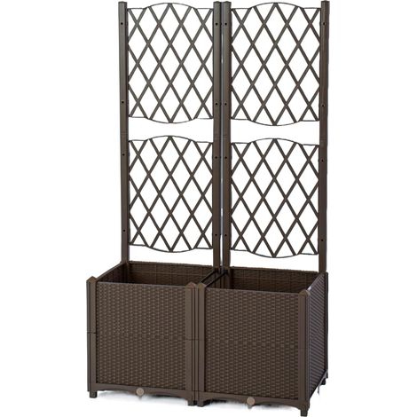 GOPLUS Jardinière Surélevée avec Treillis en Rotin PP, Bac à Fleurs avec Système d'Irrigation et Trous de Drainage, pour Plantes Grimpantes, Installation DIY (Marron,80x40x140cm) (1/5)