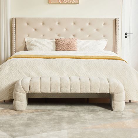 Chaise longue, en chenille, avec accoudoirs, beige, pour chambre, entrée, assise confortable, usage extérieur et quotidien