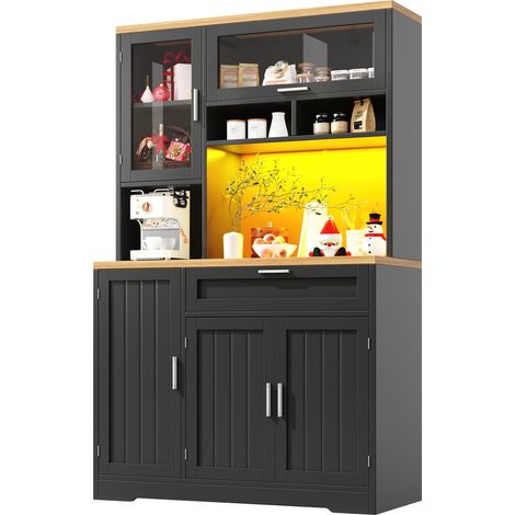 Buffet haut LED avec vitrine, meuble colonne de cuisine 104 x 40 x 180 cm, noir, portes vitrées, grand rangement, anti-basculement, pour cuisine et salon  CHICFURN (1/5)