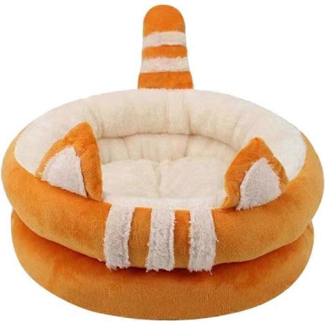 Rundes Katzenbett für drinnen, waschbar, weiches, beheizbares Kissen, orange, Größe M, Plüsch-Katzenbett, bequemer und warmer Korb.
