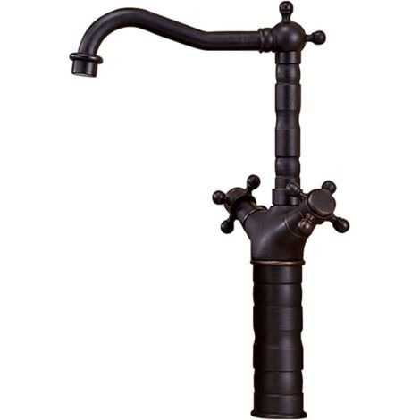 Robinet de cuisine à double poignée en croix, d'évier en laiton à montage sur plage, monotrou, robinet d'eau chaude et à eau froideo (noir, haut) (1/5)