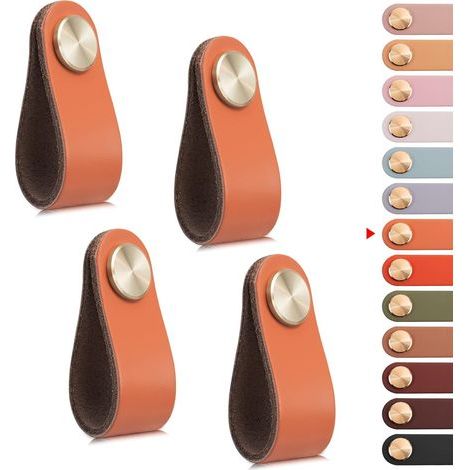 4er-Set Möbelgriffe aus Leder, Schranktürknöpfe, Schubladenknöpfe aus Leder, Vintage-Möbelgriffe für Schränke, Kommoden, Küche, Badezimmer (Orange) (1/5)