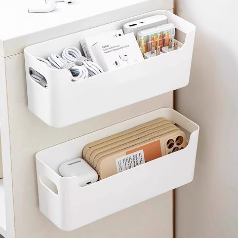 Bacs de rangement muraux autocollants (Lot de 2) — Organisateurs de placards Paniers de rangement pour placards et tiroirs (Lot de 2) — Blanc (1/4)