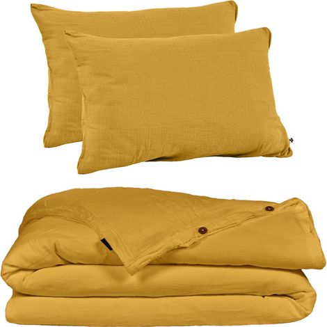 Parure de lit 240 x 260 cm en double gaze de coton jaune - PEPA 2 (1/5)