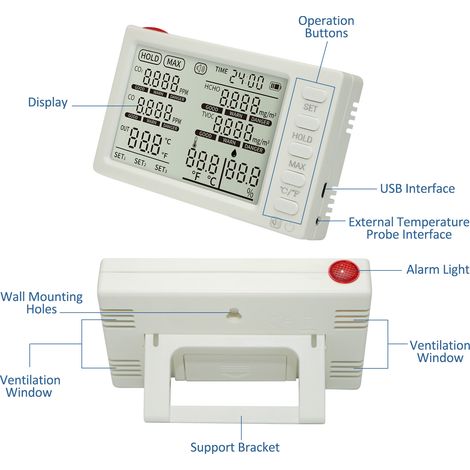 Decdeal Détecteur portable 8 en 1 de qualité de l'air intérieur, détecteur de CO₂/HCHO/TVOC/CO2/température/humidité/température externe/analyseur de temps, pour bureau, école, voiture