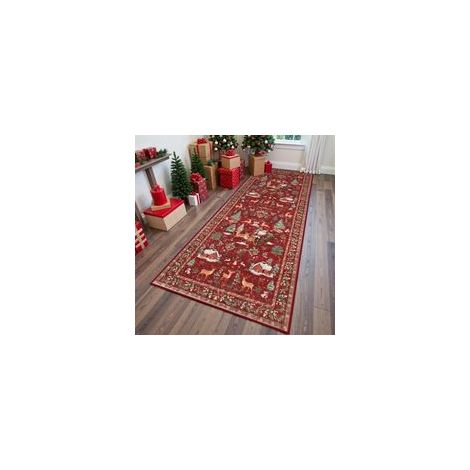 Tapis de Noël rouge 2'x8' pour couloir, cuisine, salle de bain - Antidérapant, lavable - Tapis doux motif Père Noël pour entrée, chevet - Décoration de Noël (2'x8', rouge) (1/5)