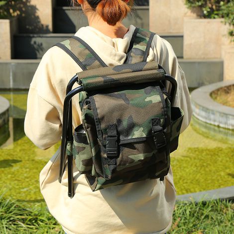 Chaise de pêche pliante 2 en 1, chaise-sac à dos portable pour la randonnée, la pêche à la plage, le camping/camouflage (1/5)