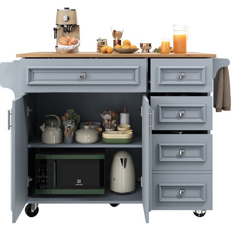 Îlot de cuisine pliable bleu clair, meuble de cuisine avec rangement et plateau extensible en table à manger, 110 x 75 x 92 cm (1/5)