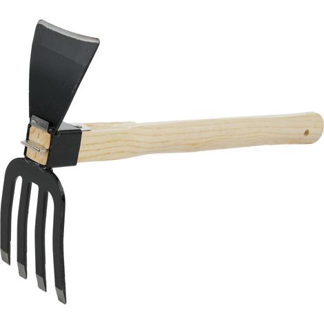 Azada de doble uso con mango corto de madera, herramienta de jardín portátil 2 en 1 que combina rastrillo y azada, ideal para aflojar o desherbar la tierra. (1/5)