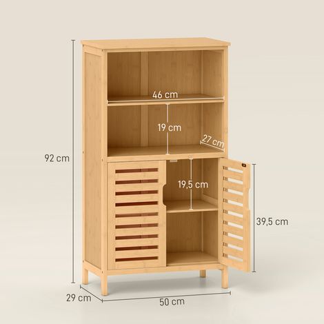 Meuble de salle de bain en bambou, portes à lattes, 2 étagères, 1 placard, 50 cm x 29 cm x 92 cm, naturel (1/5)