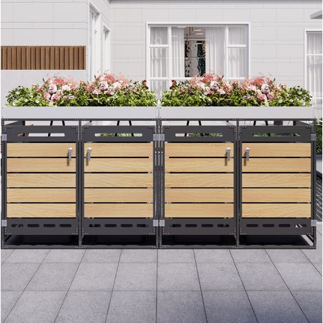 Mülltonnenbox schwarz aus Eisen mit Pflanzkasten, 4 Fächer, Holzoptik und Belüftung (1/5)