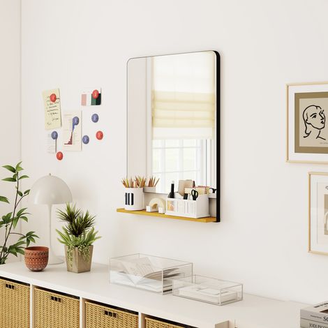 Miroir mural 80 x 60 cm avec étagère en bois. miroir rectangulaire moderne avec cadre en métal. noir