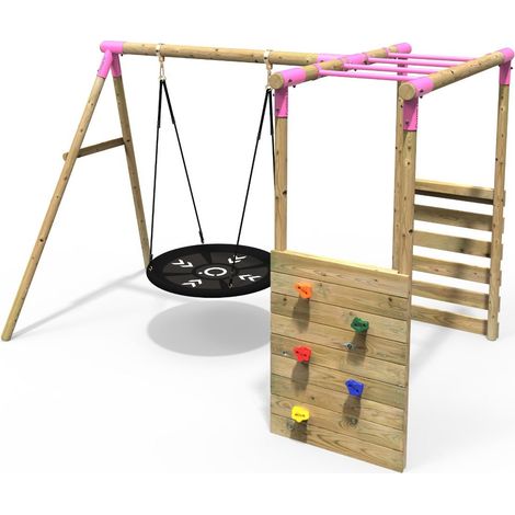Rebo Wooden Children's Garden Swing Set with Monkey Bars - Single Swing - Mercury Pink (1/5)