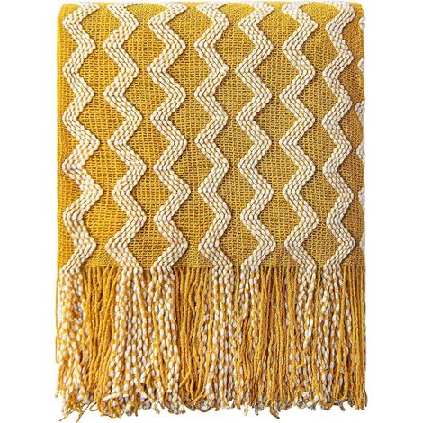 Plaid en tricot acrylique, léger et doux, couverture décorative tissée avec pompons pour les voyages, le canapé, le lit, le sofa, 130 x 170 cm, jaune moutarde (1/5)