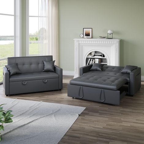 ELEGANT 2-Seater Sofa Bed 3-in-1 with Storage, Hidden Pull-Out Bed, Adjustable Backrest and 2 Cushions, Dark Gray