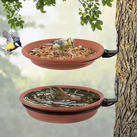 Bain d'oiseaux 2 pièces - Bain d'oiseaux de jardin - Abreuvoir pour oiseaux - Bain d'oiseaux sauvages d'extérieur - Mangeoire - Bol d'eau - Peut être installé sur les clôtures en bois, les arbres et l