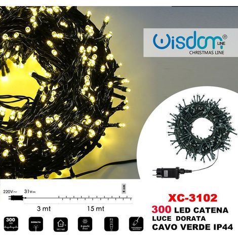 TRADE SHOP - Catena Luminosa 300 Luci Led Lucciole Luce Dorata Cavo Verde Ip44 Xc-3102 -