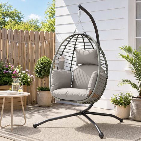 Fauteuil suspendu, coussins d'assise et de dossier, panier de rangement pliable, porte-gobelet, structure en métal, gris (1/5)
