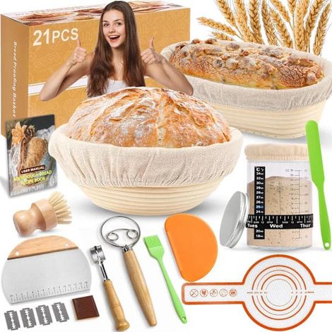 Kit per la preparazione di lievito madre con 21 pezzi, 2 cestini per la fermentazione (ovale da 25 cm e rotondo da 23 cm) + barattolo da 900 ml. (1/5)